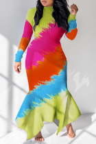 Mehrfarbiges, sexy bedrucktes Patchwork-Kleid mit halbem Rollkragen und unregelmäßigem Kleid