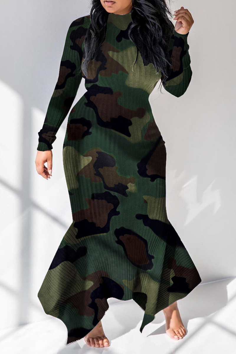 

Camouflage Sexy Print Split Joint Half A Turtleneck Irregular Dress Dresses