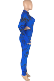 Azul adulto sexy moda ternos de duas peças estampa lápis manga longa