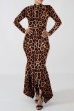 Vestidos de vestido irregular com estampa de leopardo sexy patchwork meia gola alta
