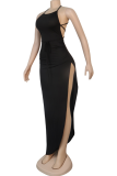 ブラック セクシー ソリッド パッチワーク 高開口部 スパゲッティ ストラップ 不規則なドレス ドレス