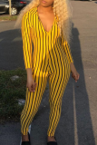 Yellow Sexy Striped zipper Long Sleeve V Neck 
