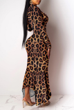 Vestidos de vestido irregular com estampa de leopardo sexy patchwork meia gola alta