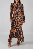 Leopardtryck Sexigt tryck Patchwork Half A Turtleneck Oregelbunden klänning Klänningar
