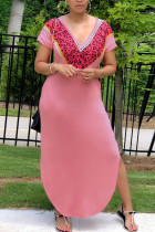 ピンク ファッション OL ピンク キャップ スリーブ 半袖 V ネック ステップ スカート くるぶし丈 パッチワーク ソリッド ドレス