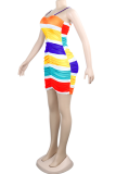 Robes trapèze multicolores sexy rayées patchwork à bretelles spaghetti