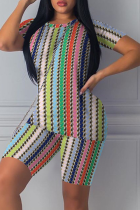 Многоцветный сексуальный модный принт с прямым коротким рукавом в стиле пэчворк из двух частей