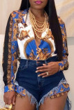 Синие блузки и рубашки в стиле пэчворк с отложным воротником и длинными рукавами с принтом