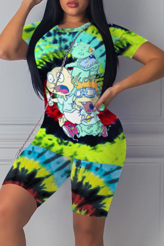 Green Sexy Fashion Print Straight Short Sleeve Patchwork Two Piece Suits