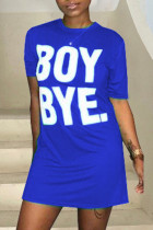 Bleu royal Street Fashion adulte Cap Sleeve Short Sleeves O neck Step Skirt Mini Print Character washi