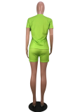 蛍光グリーン カジュアル 大人 ファッション プリント ツーピース スーツ リッププリント 半袖