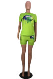 Fluorescent green Casual adult Fashion Print Two Piece Suits Lips Print Short Sleeve