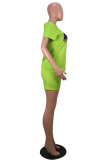蛍光グリーン カジュアル 大人 ファッション プリント ツーピース スーツ リッププリント 半袖