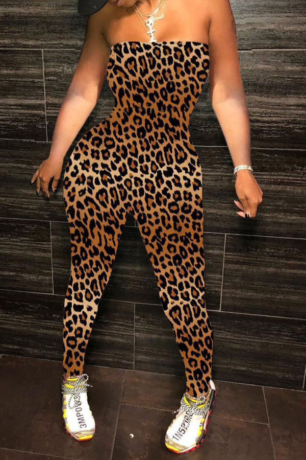 Leopardtryck Sexiga Patchwork Off the Shoulder Skinny Jumpsuits