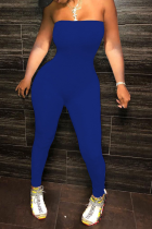 Blauwe sexy schouderloze skinny jumpsuits met print en patchwork