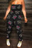 Paarse sexy print patchwork off-shoulder skinny jumpsuits