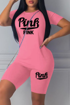 Roze Sexy Print Patchwork O-hals Korte Mouw Twee Stukken