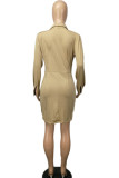 Khaki Fashion Sexy Solid Patchwork V Neck Pencil Skirt Dresses