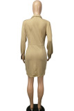カーキ ファッション セクシー ソリッド パッチワーク V ネック ペンシル スカート ドレス