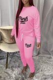 ピンクのセクシーなプリントパッチワークOネック長袖ツーピース