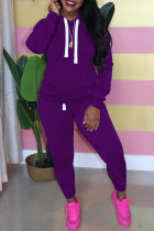 Colarinho Roxo Casual Sólido com Capuz Plus Size