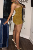 ゴールドのセクシーなパッチワークスパンコールスパゲッティストラップペンシルスカートドレス