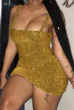 Vestidos de falda de lápiz con correa de espagueti de lentejuelas de patchwork sexy dorado