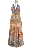 Orange Vintage Print Patchwork Spaghetti Strap Sling Dress Dresses