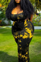 Negro sexy patchwork teñido anudado cuello cuadrado recto vestidos de talla grande
