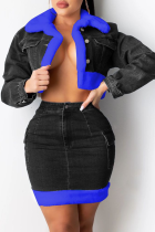 Black Sexy Patchwork Split Joint Turndown Collar Long Sleeve Two Pieces