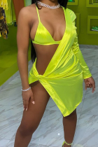 Yellow Sexy Solid High Opening One Shoulder Long Sleeve Two Pieces