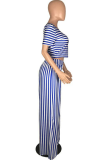 Blue Casual Striped Patchwork O Neck Plus Size Two Pieces