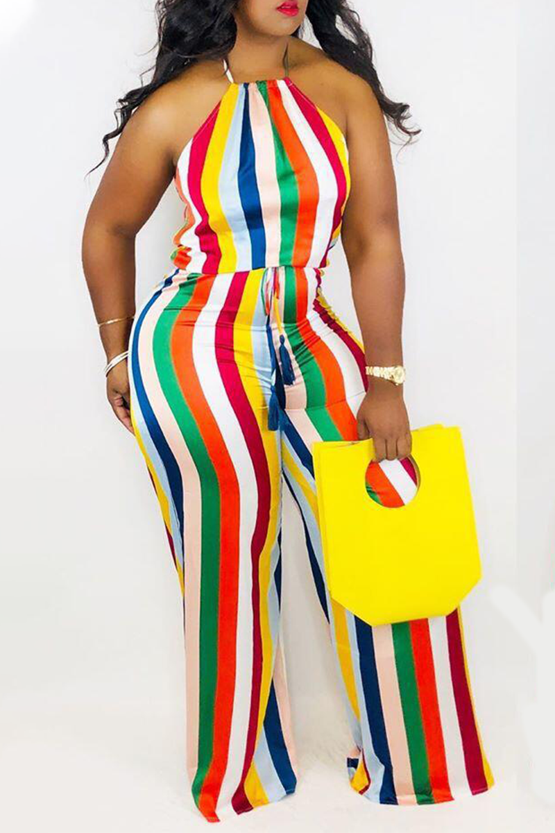 

Colour Sexy Striped Split Joint Halter Straight Jumpsuits