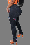 Blaue, lässige, zerrissene Patchwork-Denim-Jeans mit mittlerer Taille und regulärer Passform