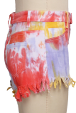 Multicolor Sexy Patchwork Tassel Tie-dye Mid Waist Regular Denim Shorts
