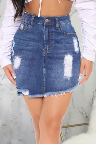Jupes en jean régulières taille moyenne déchirées en patchwork sexy bleu foncé
