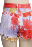 Multicolor Sexy Patchwork Tassel Tie-dye Mid Waist Regular Denim Shorts
