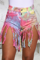 Pink Sexy Patchwork Tie-dye High Waist Regular Fringed Tassel Denim Shorts