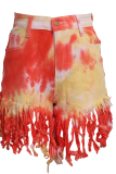 Red Sexy Patchwork Tie-dye High Waist Regular Fringed Tassel Denim Shorts