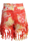 Red Sexy Patchwork Tie-dye High Waist Regular Fringed Tassel Denim Shorts