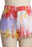 Flerfärgad sexig patchwork tofs Tie-dye Mid Waist Regular Denim Shorts