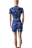 Blue Casual Print Draw String Turtleneck Short Sleeve Two Pieces
