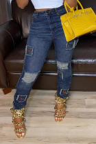 Blue Casual Patchwork Mid Waist Regular Distressed Ripped Denim Jeans
