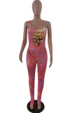 Rose Red Sexy Casual Print Tie Dye Fold Spaghetti Strap Skinny Jumpsuits