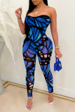 Blauwe sexy schouderloze skinny jumpsuits met print en patchwork