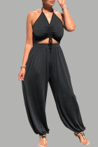 Schwarze Mode Sexy Solide mit Gürtel V-Ausschnitt Regular Jumpsuits