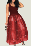あずき色の簡単なかわいいOネックノースリーブルーズロングクラブドレス