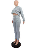 Grey Casual Solid Patchwork Hooded Collar Long Sleeve Regular Sleeve Short Two Pieces