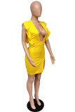 Yellow Sexy Solid Patchwork V Neck Pencil Skirt Dresses