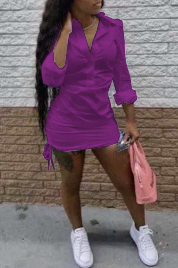 Mini vestiti solidi del vestito dalla camicia del colletto del risvolto della manica lunga della manica lunga sexy di modo viola